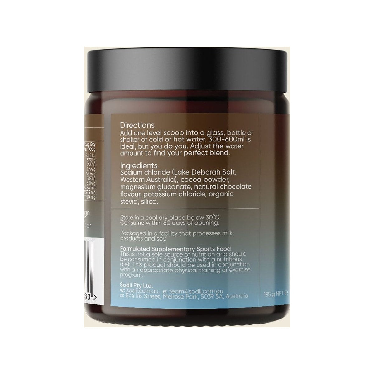 Sodii Everyday Hydration Salts Salty Chocolate 185g left label