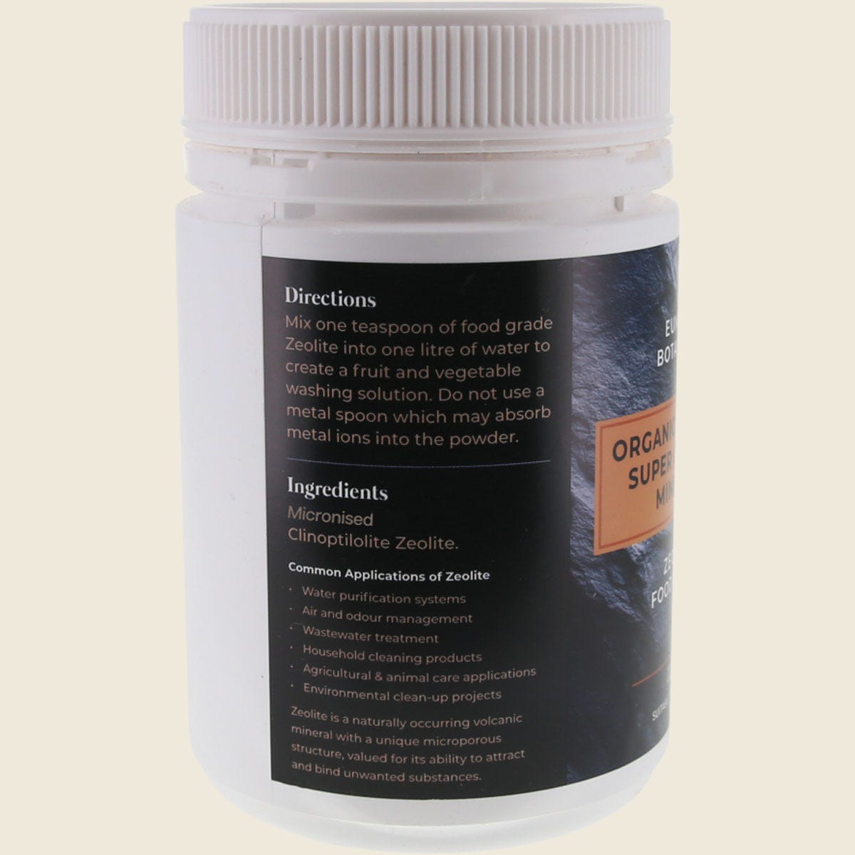 Eumundi Botanicals Zeolite label with fruit and vegetable washing directions