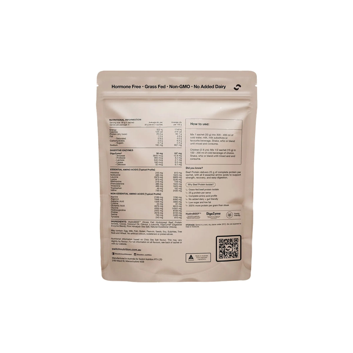 Switch Nutrition Beef Protein Isolate Sample Pouch 4x30g supplier back image
