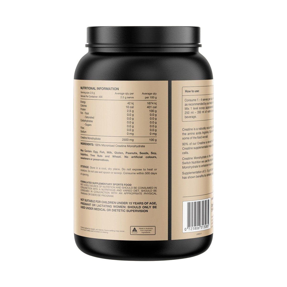 Switch Nutrition Creatine Monohydrate Unflavoured 1kg – exact rear ingredients, directions, warnings and barcode label on white