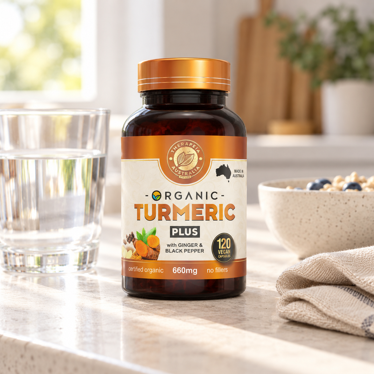One Therapeia Turmeric PLUS bottle beside water at a breakfast table in an illustrative AI-generated setting.