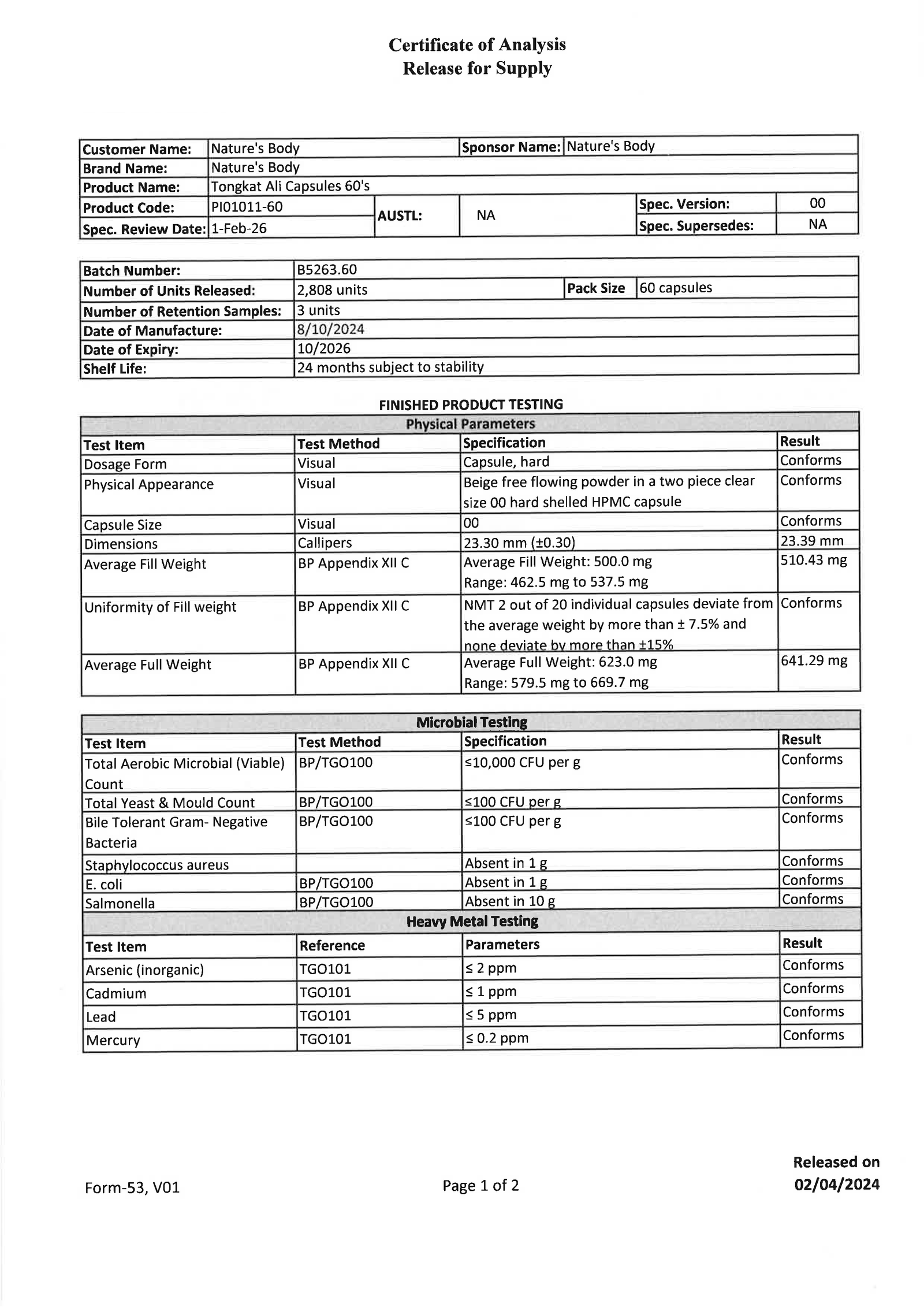 Nature's Body Tongkat Ali 200:1 500mg 60 Capsules supplier certificate of analysis page one