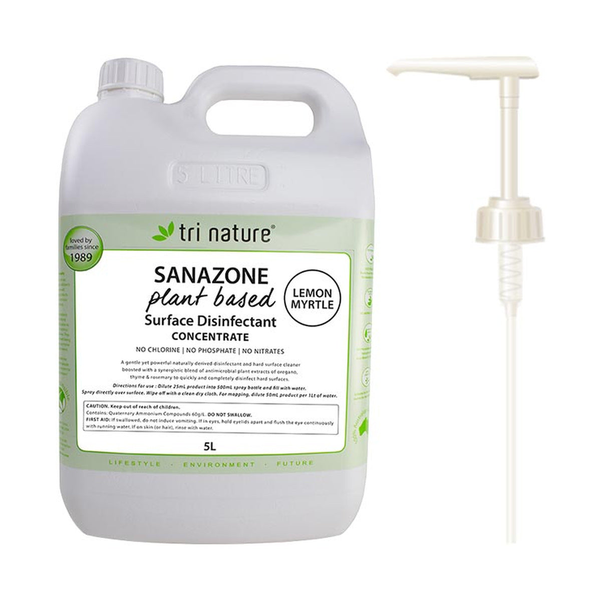 Tri Nature Sanazone Lemon Myrtle Disinfectant Concentrate Bulk with pump 5L — product packshot