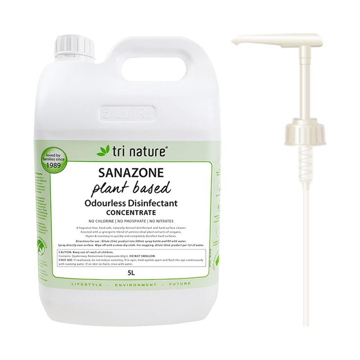 Tri Nature Sanazone Odourless Disinfectant Concentrate Bulk with pump 5L — product packshot