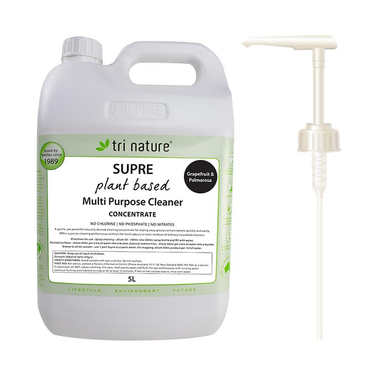 Tri Nature Supre Grapefruit &amp; Palmarosa Multi Purpose Cleaner Concentrate Bulk with pump 5L — product packshot