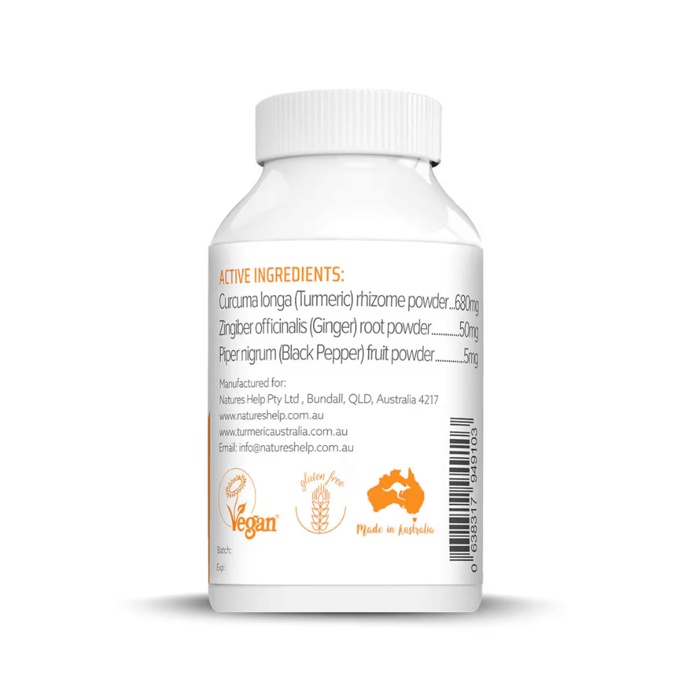 Nature's Help Organic Turmeric bottle active ingredients label.