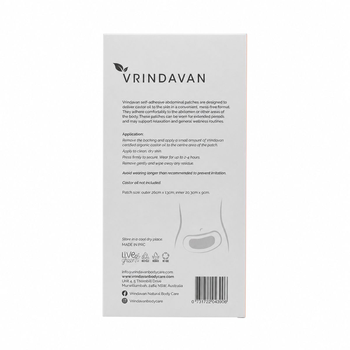 Vrindavan Self-Adhesive Abdominal Patches 10 Pieces rear label with directions and dimensions