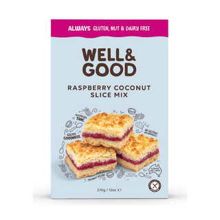 Well & Good Raspberry Coconut Slice Mix 370g front pack