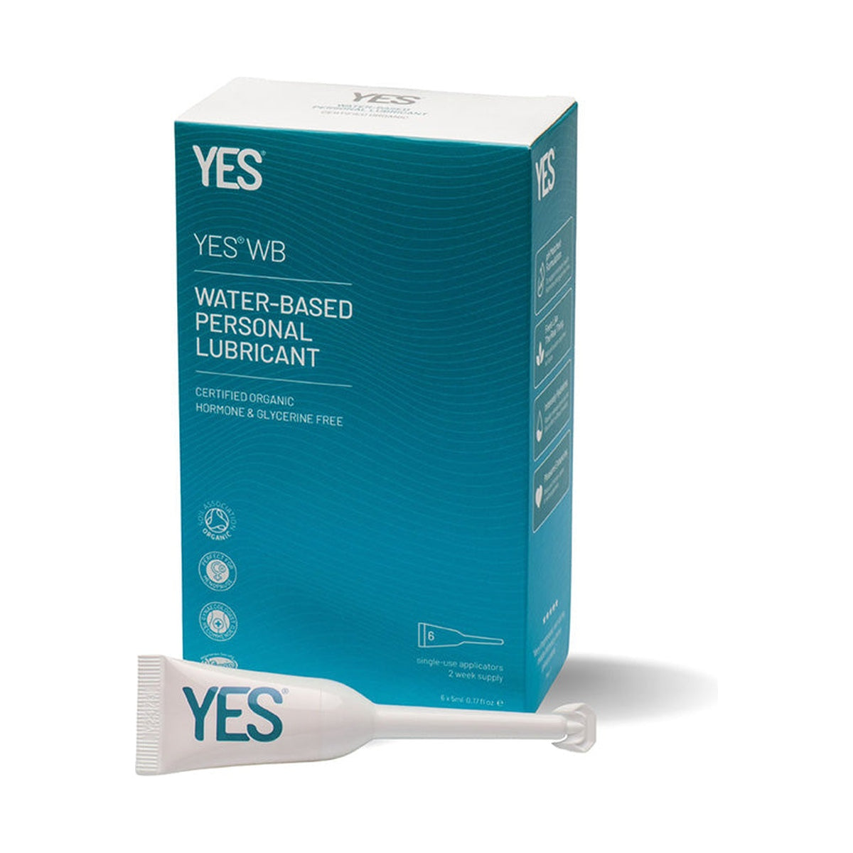 YES WB Water-Based Personal Lubricant Applicators 6 x 5ml carton and single-use applicator on a white background
