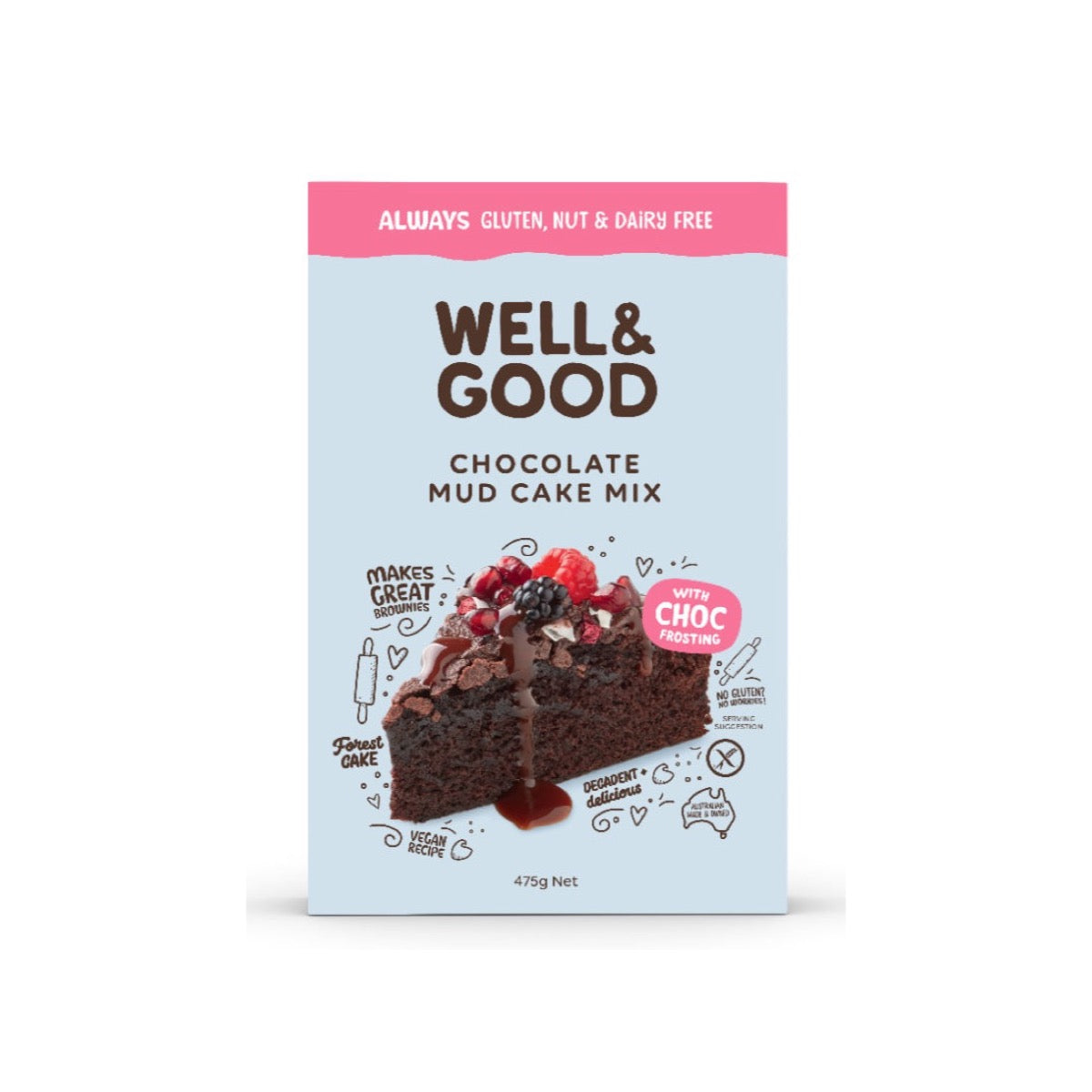 Well & Good Chocolate Mud Cake Mix with Choc Frosting 475g front pack