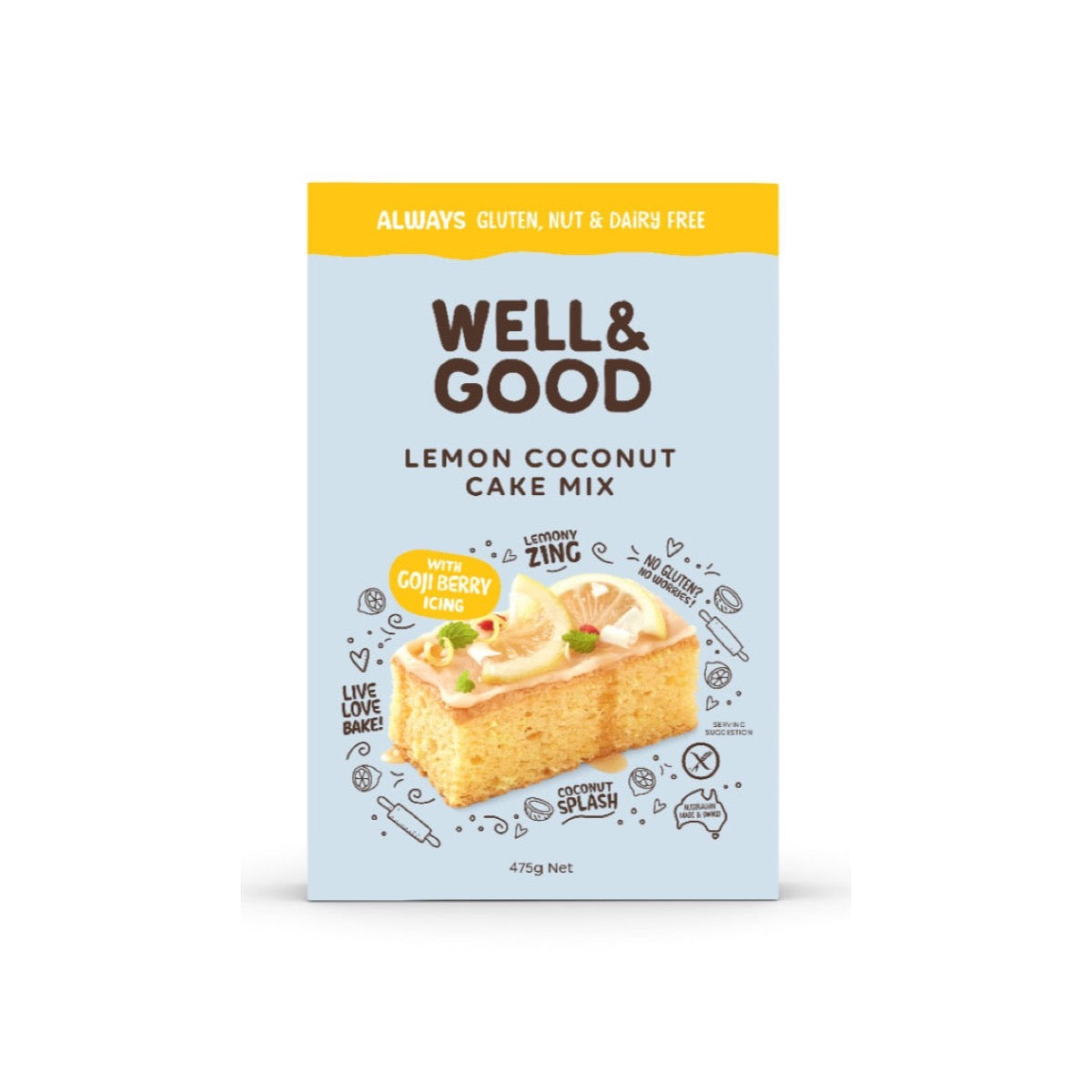 Well & Good Lemon Coconut Cake Mix with Goji Berry Icing 475g front pack