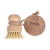 White Magic Eco Basics Plastic Free Pot Brush 1 Pack with bamboo handle and product label