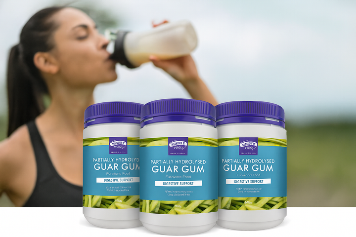 Wonder Foods Guar Gum 3 pack with sporty woman drinking shake