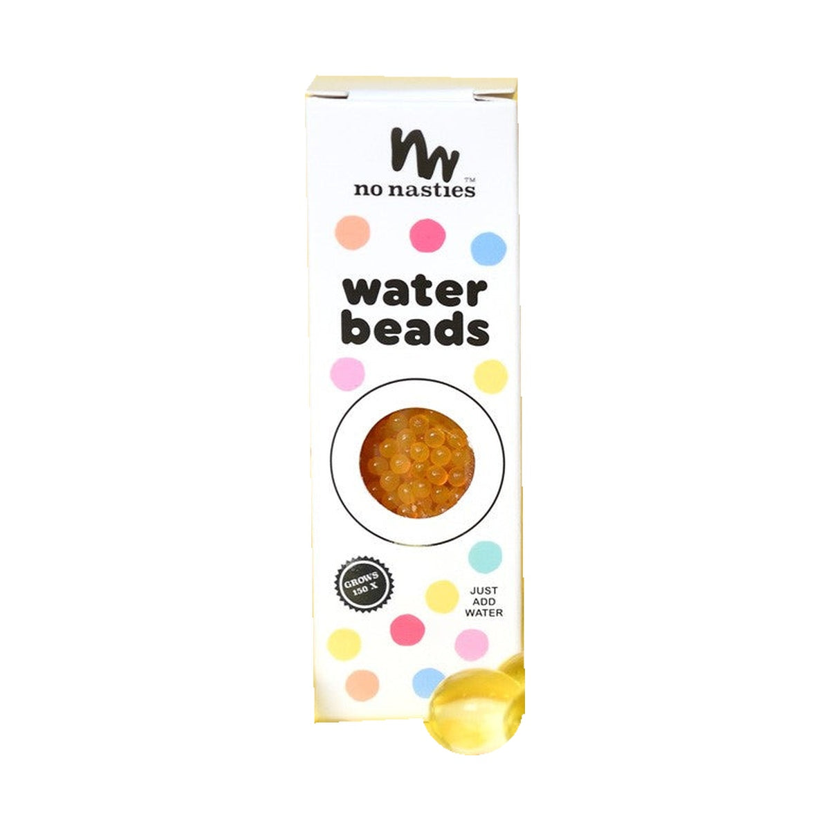 No Nasties Kids Water Beads Yellow Sunshine 10g — carton with expanded beads on white