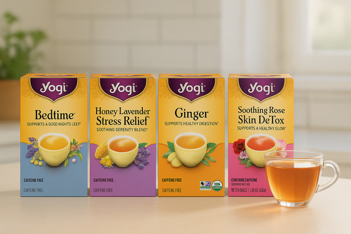 Yogi Tea assorted flavours with uniform box sizes and teacup