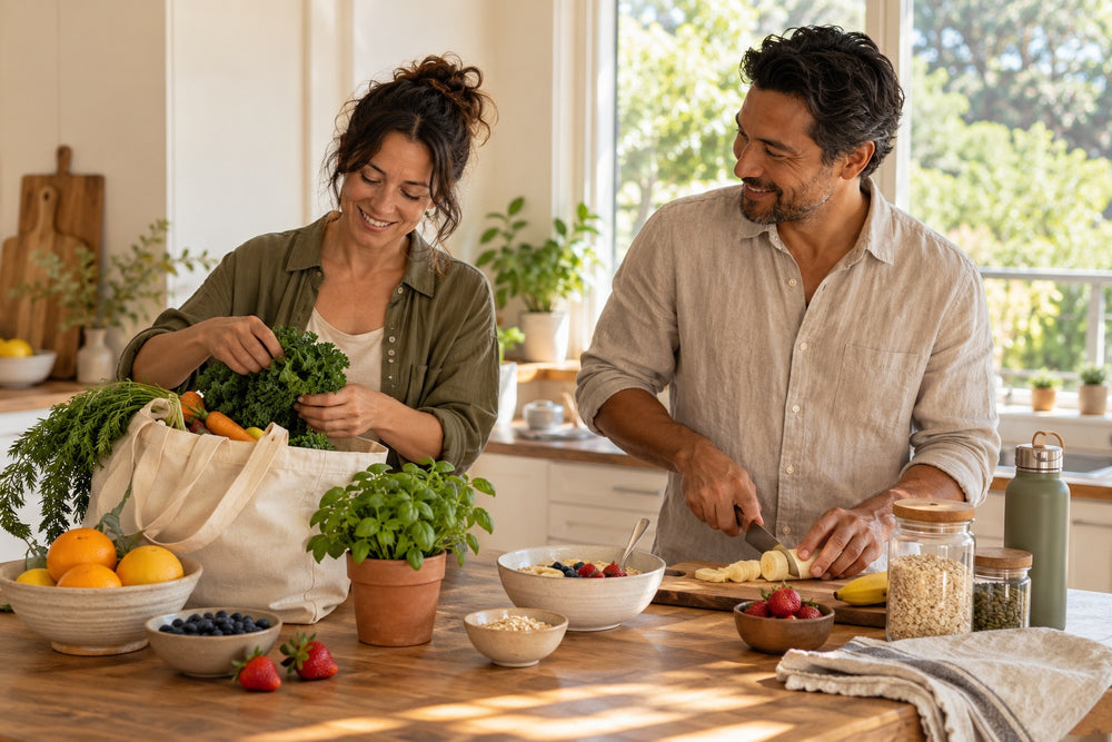 Two adults preparing breakfast and unpacking fresh produce in a sunlit home kitchen